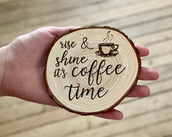 Coffee Time Engraved Wood Coasters: Rustic Pine Drink Coasters