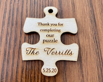 Wooden Puzzle Piece Wedding Favor - Laser Engraved with Name, Date, & Optional Magnet