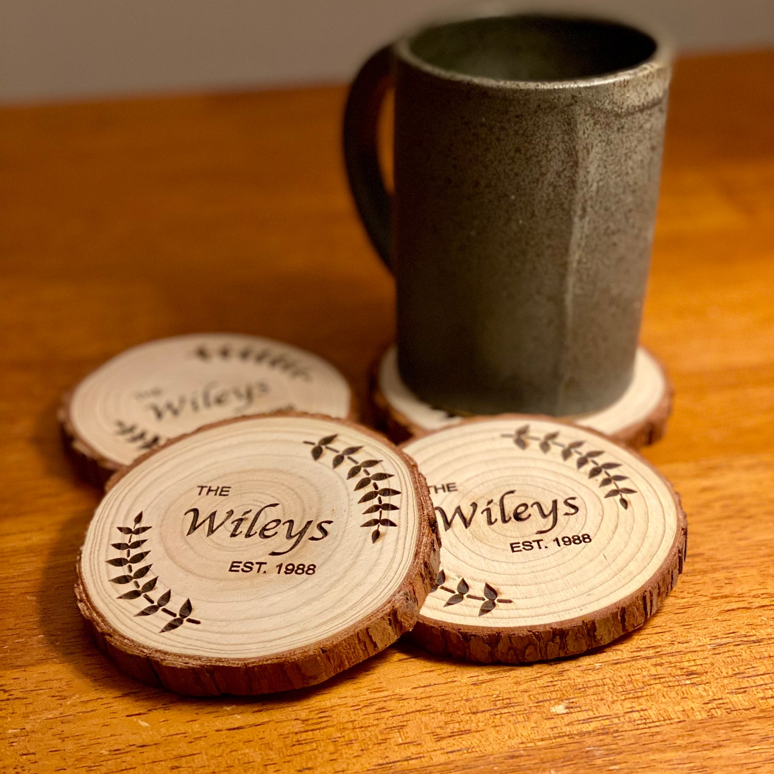 Custom Name & Year Wood Coaster Set - Great as Wedding, Engagement ...