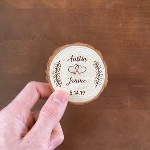 Custom Wood Slice Wedding Favor or Save The Date Laser Engraved with Names, Date, & Magnet image 2