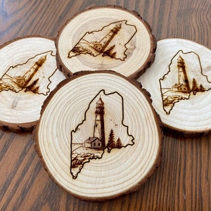 Maine Lighthouse Engraved Wood Coaster Set - Perfect Gift for Housewarming, Wedding, Engagement, Anniversary, or Christmas