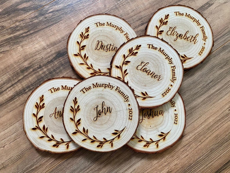 Wood Family Name Coasters Wood Slices Laser Engraved With Etsy