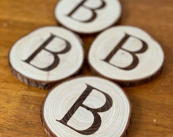 Engraved Wood Slice Coaster Set: Personalized Family Initial Gift