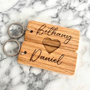 Couples Engraved Wood Keychain - Perfect Valentine&#39;s Day Gift - Oak Laser Engraved Keychain - Gift for Him or Her