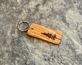 Engraved Pine Tree Wood Keychain: Personalized Oak Keyring