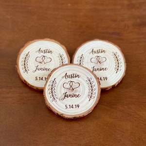 Custom Wood Slice Wedding Favor or Save The Date Laser Engraved with Names, Date, & Magnet image 1