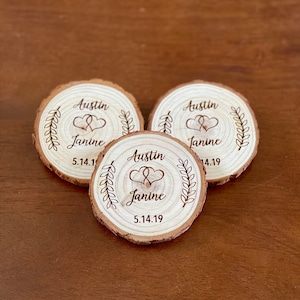 Custom Wood Slice Wedding Favor or Save The Date Laser Engraved with Names, Date, & Magnet image 1