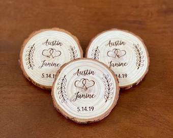 Custom Wood Slice Wedding Favor or Save The Date - Laser Engraved with Names, Date, & Magnet