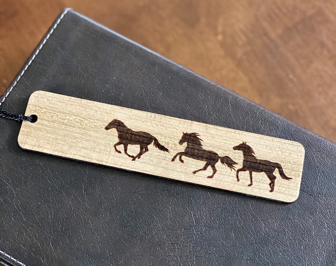Running Horses Engraved Wood Bookmark with Optional Personalization - Custom Gift - Handmade Wood Bookmark