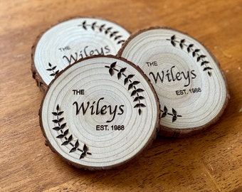 Custom Wood Slice Wedding Favors - Laser Engraved with Name, Year, Date, & Other Options