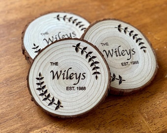 Custom Name & Year Wood Coaster Set - Great as Wedding, Engagement, Anniversary, or Christmas Present