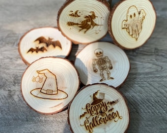Halloween Mix and Match Coaster Set - Choose from Halloween-themed Wood Slice Coaster Designs