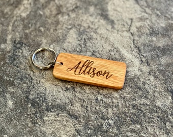 Personalized Engraved Oak Wood Keychain: Lighthouse or Pine Tree