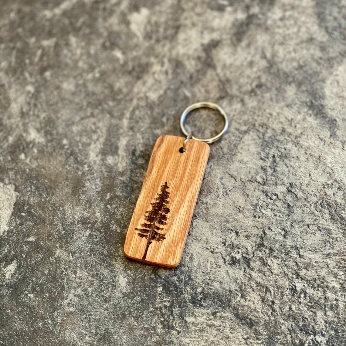 Pine Tree Engraved Wood Keychain with Personalized Text Etsy
