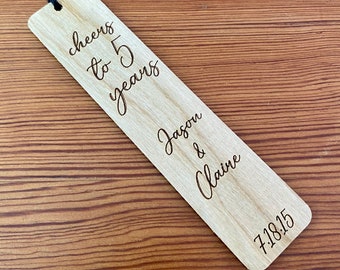 Five Year Anniversary Bookmark - Laser Engraved Personalized Wood Bookmark