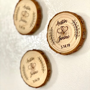Custom Wood Slice Wedding Favor or Save The Date Laser Engraved with Names, Date, & Magnet image 4