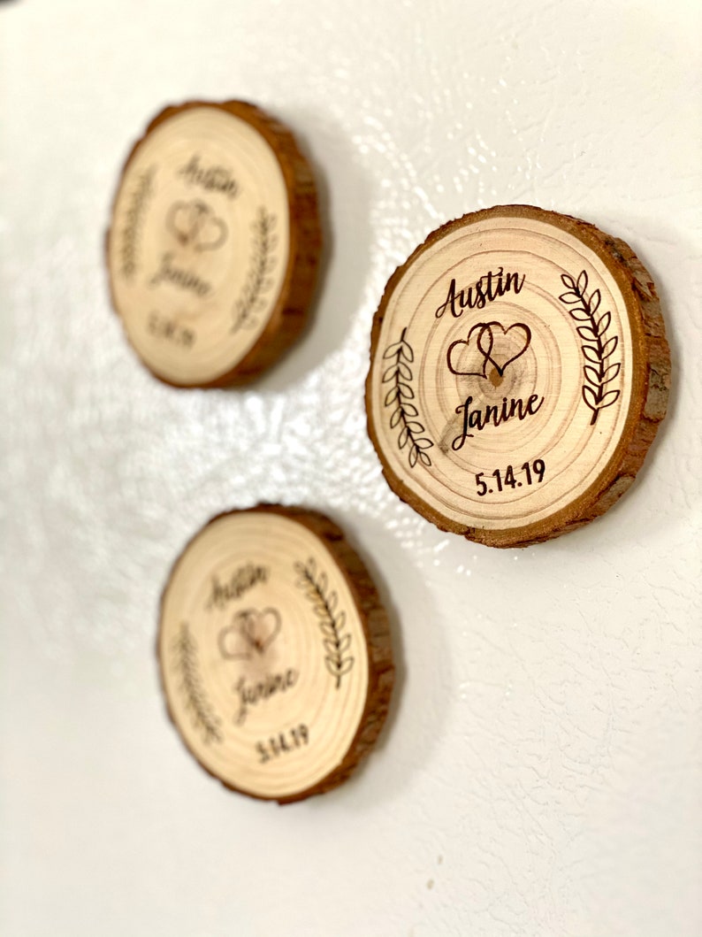 Custom Wood Slice Wedding Favor or Save The Date Laser Engraved with Names, Date, & Magnet image 4