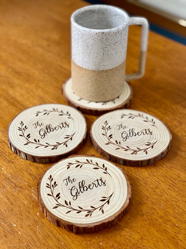 Custom Name Engraved Wood Coaster Set Perfect Valentine's Day, Wedding, Engagement, Anniversary, or Christmas Present image 4