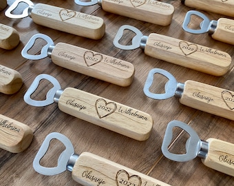 Wood Bottle Opener Wedding Favor - Laser Engraved with Names and Date - Stainless Steel and Wood Construction