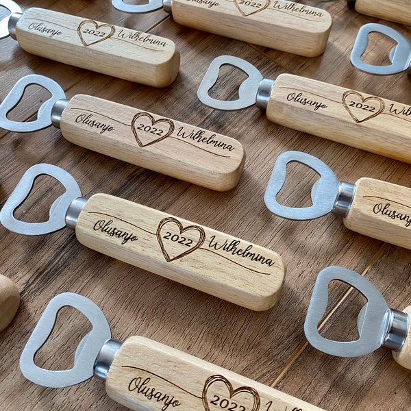 Wood Bottle Opener Wedding Favor - Laser Engraved with Names and Date - Stainless Steel and Wood Construction