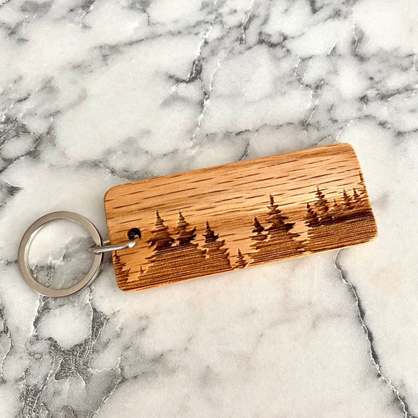 Treeline Engraved Wood Keychain - Oak Laser Engraved Keychain