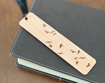 Engraved Cherry Wood Bookmark: Flying Birds, Custom Message