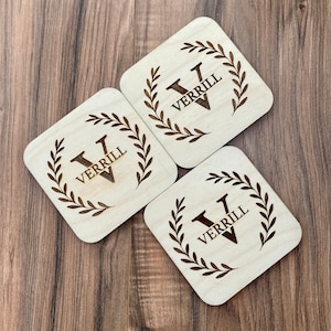 Engraved Monogram Wood Coaster Set - Engraved Family Name Coasters - Perfect Wedding Gift