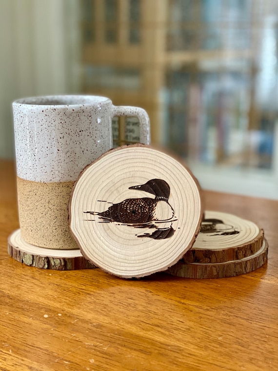 Loon Engraved Wood Coaster Set: Lake House Decor