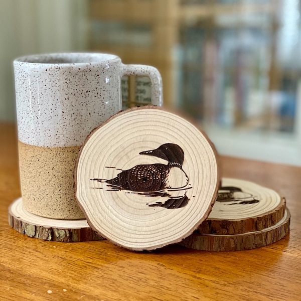 Loon Engraved Wood Coaster Set - Perfect Gift for Wedding, Engagement, Anniversary, or Christmas