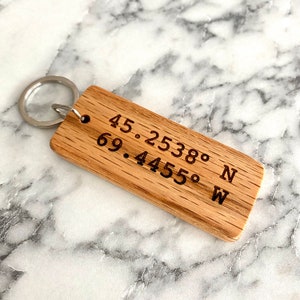 Custom Coordinates Engraved Wood Keychain - Perfect Valentine&#39;s Day Gift - Personalized Gift for Him or Her - Oak Laser Engraved Keychain