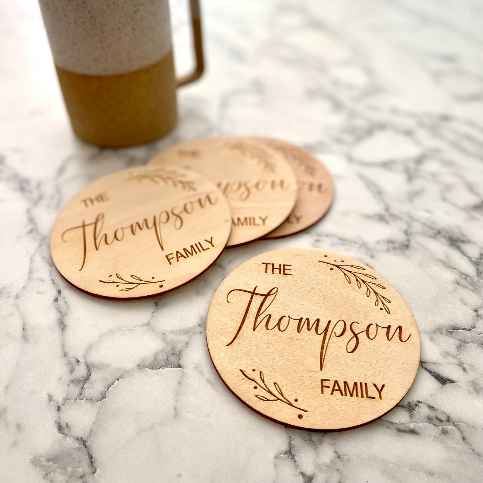 Custom Family Name Engraved Wood Coaster Set Laser Engraved Etsy