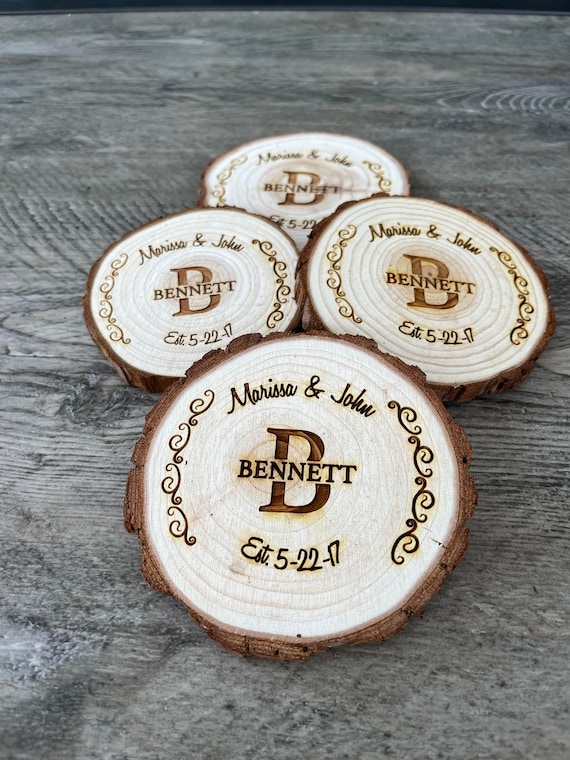 Engraved Monogram Wood Coaster Set Engraved Wood Family Name Coasters Perfect Wedding Engagement Anniversary or Christmas Present Etsy