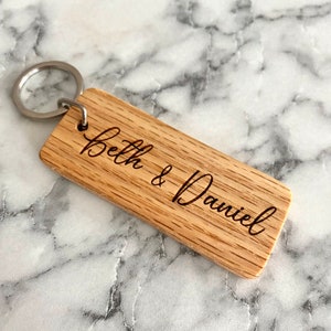 Couple&#39;s Names Engraved Wood Keychain - Perfect Valentine&#39;s Day Gift - Personalized Gift for Him or Her - Oak Laser Engraved Keychain