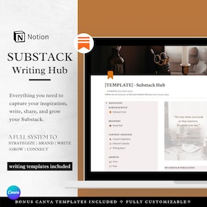 May include: A laptop screen displays a Notion template for a Substack Writing Hub. The screen shows a template with sections for navigation, branding, content creation, and growth. Text includes "writing templates included" and "Bonus Canva templates included".