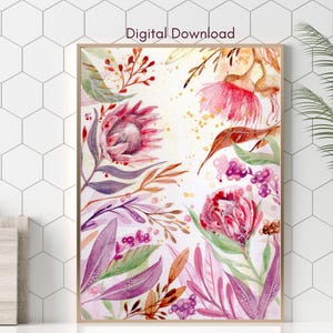 Protea Flower Watercolor Art Print: Botanical Wall Decor (Digital Download