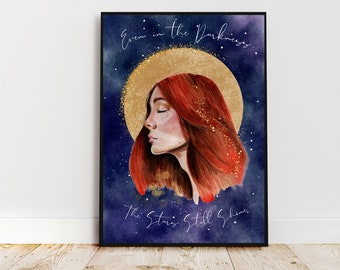 Moon Print, Female Portrait, Celestial Stars with Inspirational Quote.