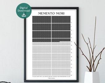 Puede incluir: Un póster imprimible en blanco y negro con una cuadrícula de cuadrados. La mitad superior de la cuadrícula es negra y la mitad inferior es blanca. El póster tiene el texto "Memento Mori" en la parte superior y una cita de Marco Aurelio en la parte inferior. La cita dice: "No es la muerte lo que un hombre debe temer, sino que debe temer nunca empezar a vivir."