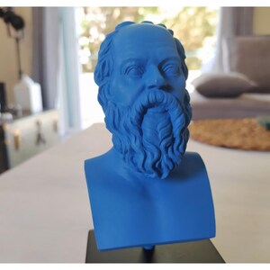 May include: A blue 3D printed bust of a man with a beard. The bust is on a black base.