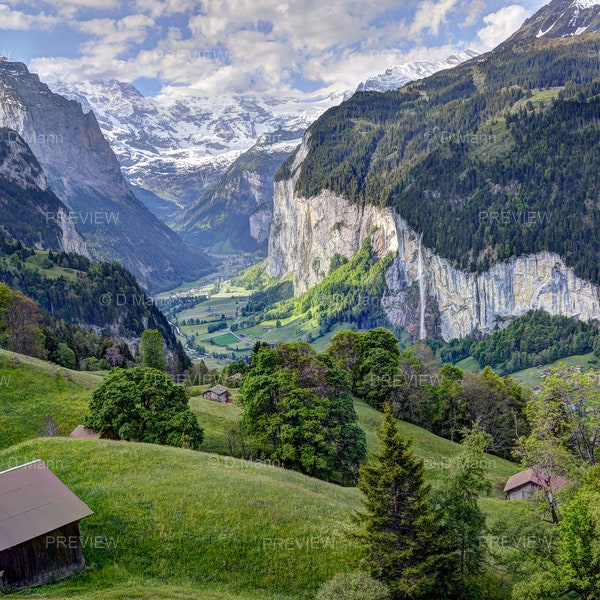 Digital Download Wall Art Photography. Photograph of Lauterbrunnen Valley in the Swiss Alps featuring Staubbach Falls.  You print.