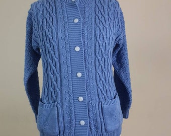 Vintage Blue Cable Knit Cardigan with Pockets S M 10 12