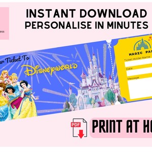 Instant PDF Download, Disneyland Princess Keepsake Ticket, Surprise Trip, Customise Easily, Personalisation, Print At Home