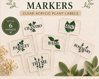 Juego de 6 marcadores para jardín de hierbas / Etiquetas acrílicas para plantas / Cilantro, menta, albahaca, perejil, tomillo, romero / Regalo de jardinería / Decoración para jardín de hierbas de interior