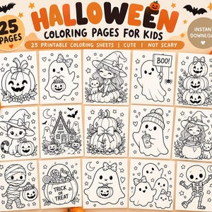 Op de afbeelding: Een verzameling van 25 printbare Halloween-kleurplaten voor kinderen met zwart-wit lijntekeningen van pompoenen, spoken, heksen, katten, een mummie en een skelet. De tekst luidt HALLOWEEN COLORING PAGES FOR KIDS en TRICK OR TREAT.