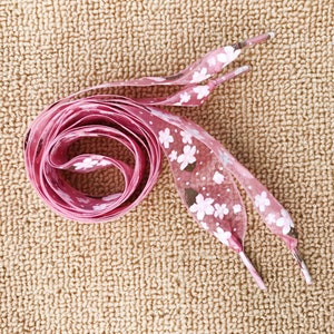 Beautiful Sakura Cherry Blossom Pink Satin Silk Ribbon Flat Shoe Laces 120cm For Customising Your Trainers/Sneakers For Cute Fun Fashion