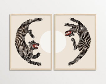 Japanese Gallery Wall Set - Tigers by Taguchi Tomoki, Japanese Woodblock Print, Minimalist Poster