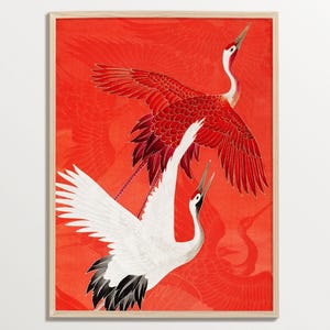 Japanische Kunst - Rote Kraniche | Chinoiserie Wandkunst, Kran Druck, Japandi Wandkunst