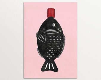 キッチンアートプリント - 醤油魚 | ピンクの壁アート、寿司ギフト、ジャパンディ壁アート