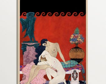 Lovers by Georges Barbier, Lesbian Art Print, Sapphic Wall Art, Vintage Poster