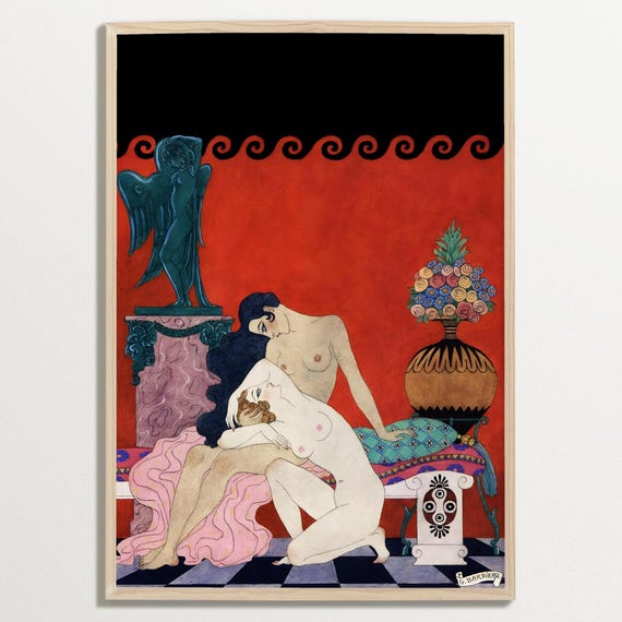 Lovers by Georges Barbier, Lesbian Art Print, Sapphic Wall Art, Vintage Poster
