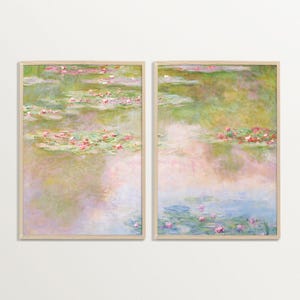 Monet Water Lilies Wall Art Set – Impressionist Painting Print Set of Two, Soft Pink Green Decor, French Cottage Style Poster